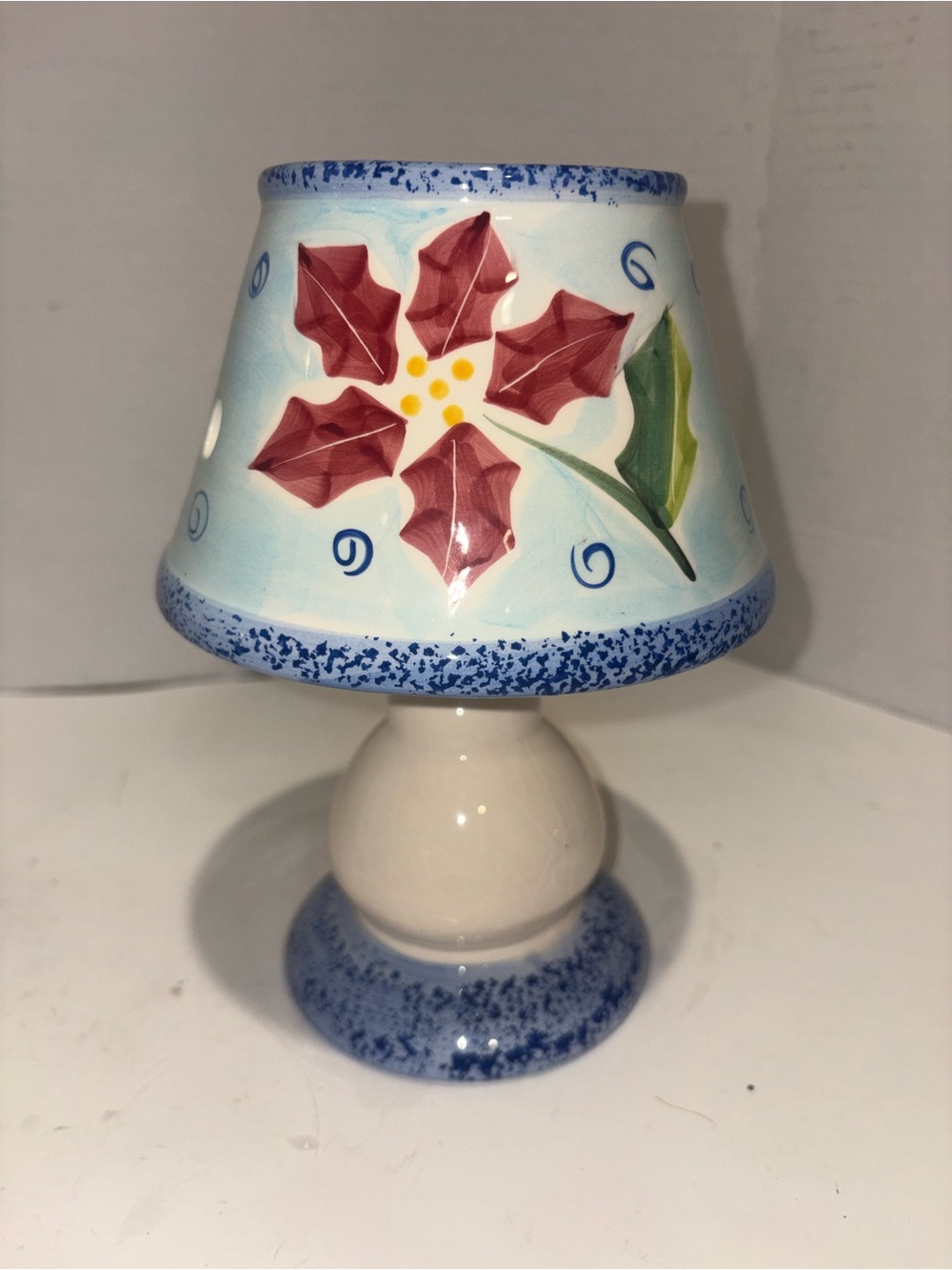 Hand-Painted Floral Ceramic Candle Holder- Blue and Red- Christmas